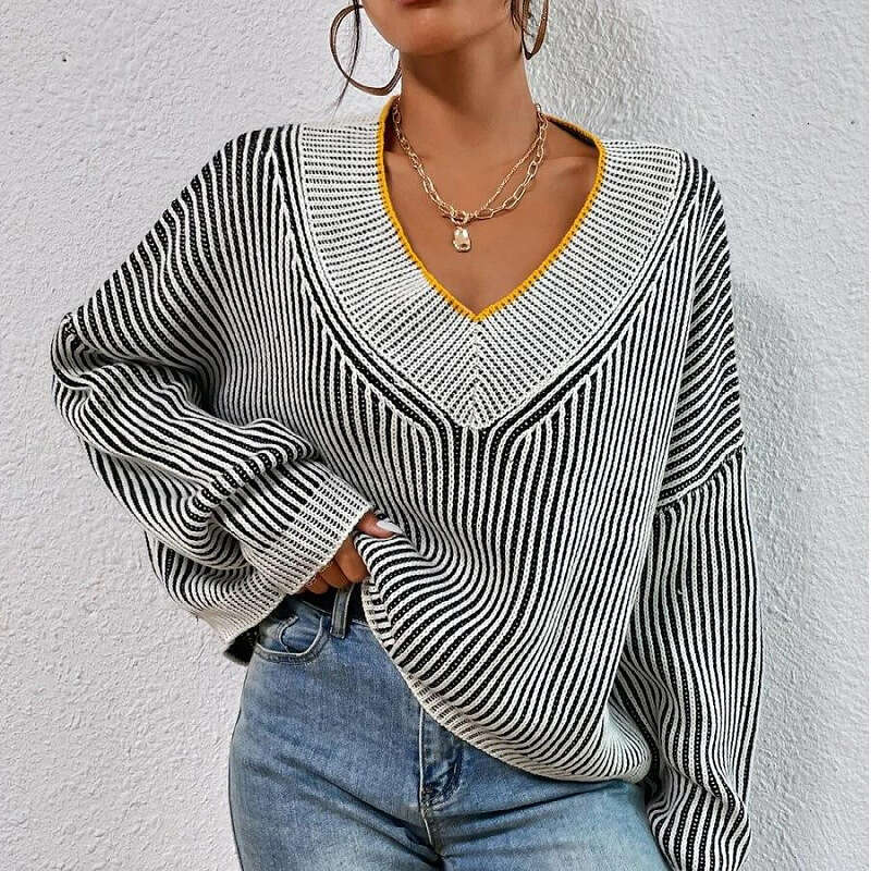 European American autumn and winter V-neck loose fitting slimming bat sleeve striped contrasting pullover sweater top
