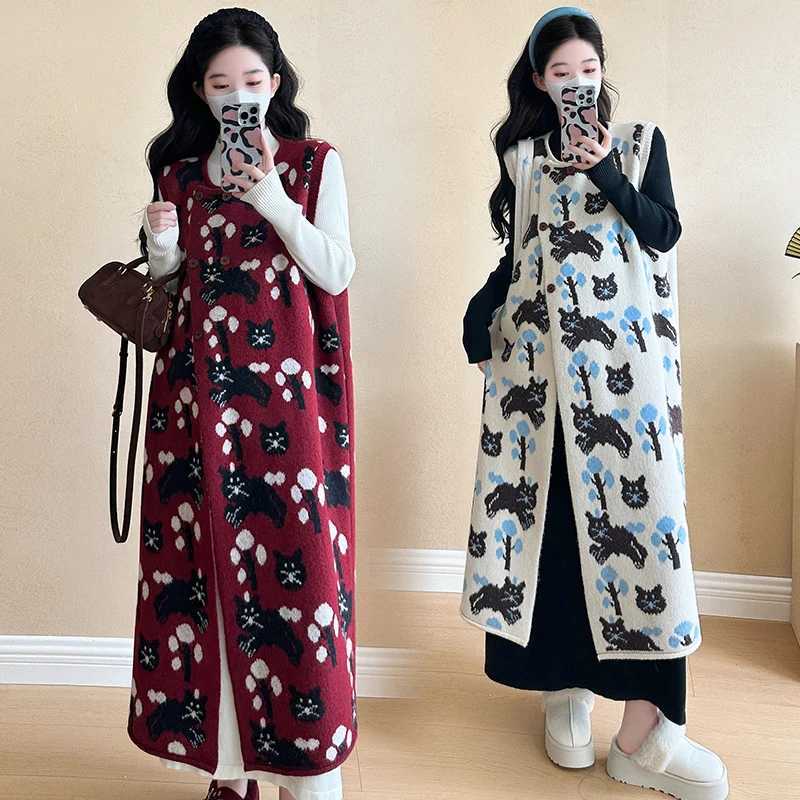 Pregnant Woman Autumn Winter Sleeveless Knitted Dress Fashion Printed Materni Sundress Button Fly Long Loose Cardigans SweaterXJ241213