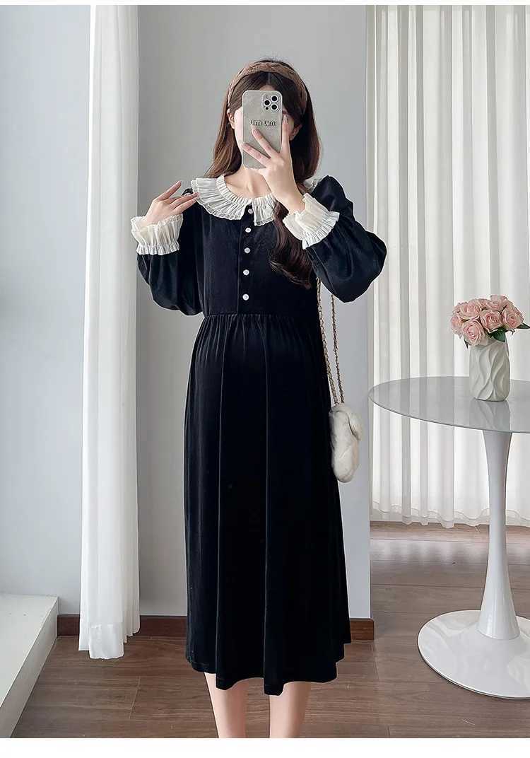 2025 Spring Materni Vintage Velvet Dresses French Sle Long Sleeve Lace Patchwork Pregnant Woman Black Par Dress ElegantXJ241213