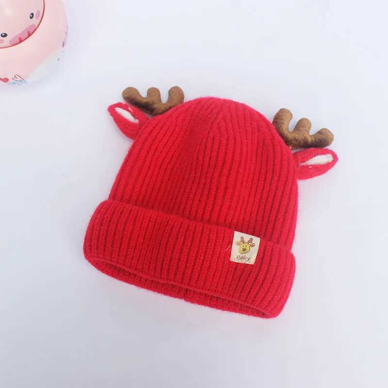 Cute reindeer antlers baby hat thick and soft cotton knitted boy and girl hats newborn deer ears Christmas hats W241213