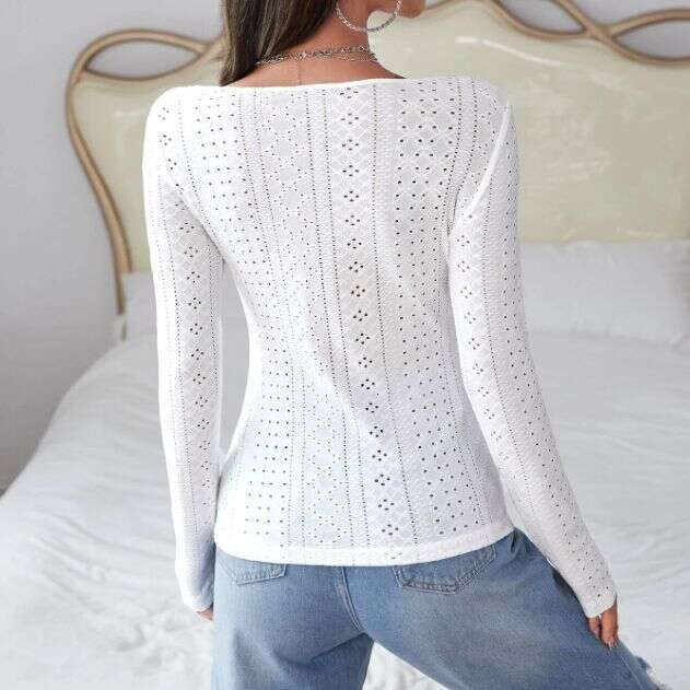 European American women's short 2023 autumn and winter new item slim fit V-neck long sleeved solid color eyelets T-shirt for women