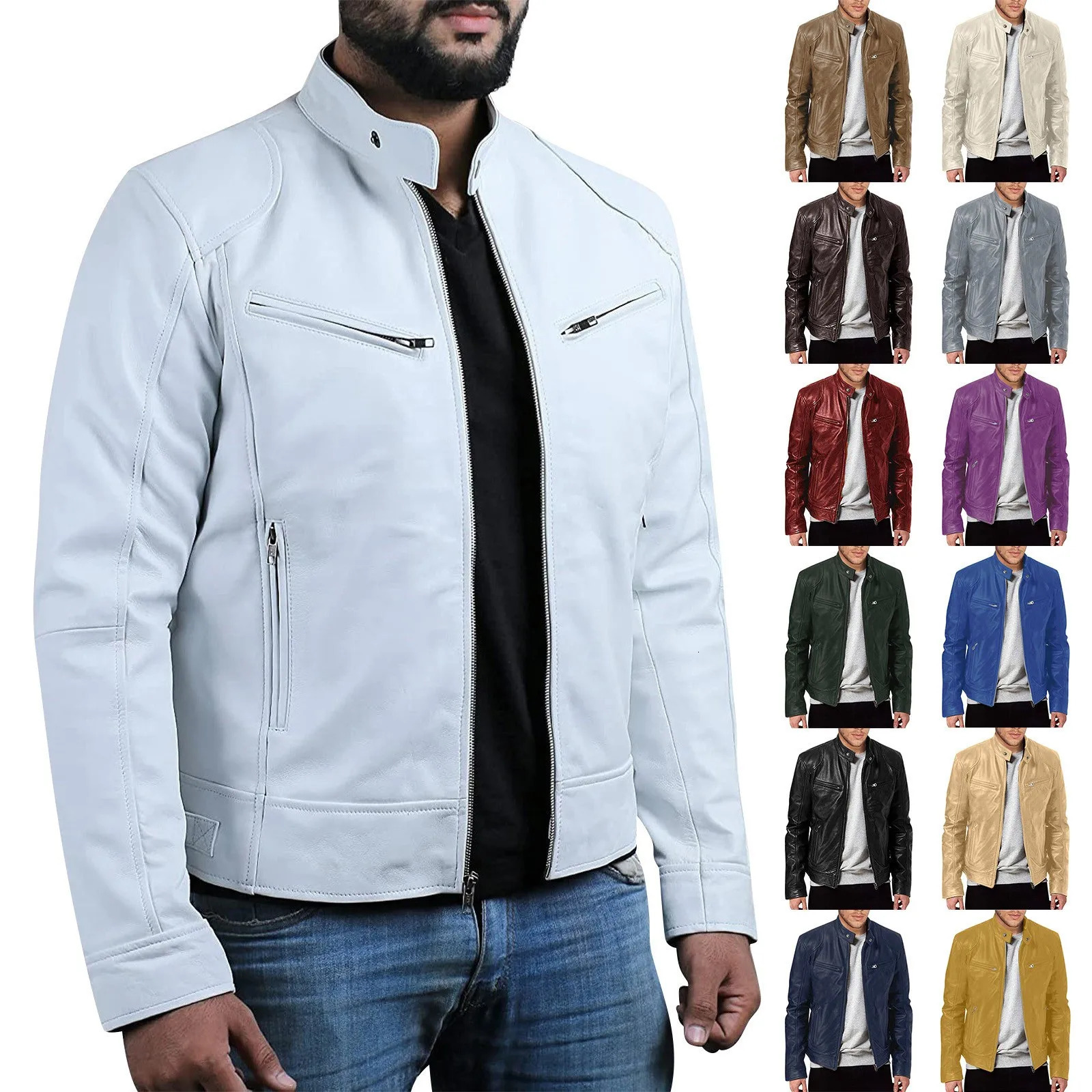 Mens Motorcycle Leather Jacket Slim Fit ShortCoat Lapel PU Jackets Autumn Zipper Stand Windproof Coat Clothing y241214