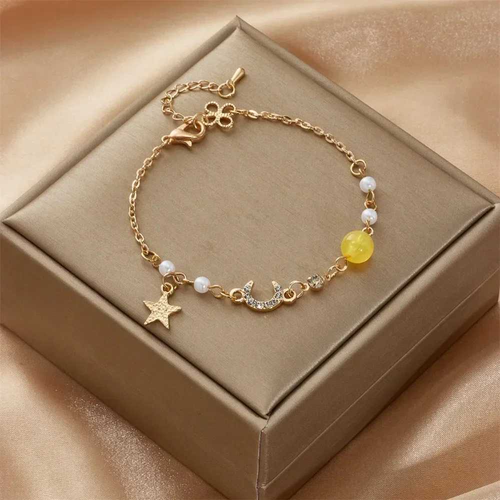 Fashion Women Stainl Steel Star Moon Pearl Simple Crystal Zircon Bracelet Pendant Jewelry Girl Party GiftXJ241214