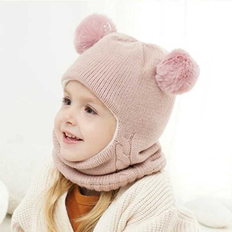 Baby boy Beanie neck protection solid windproof winter childrens knitted hat warm wool childrens earmuffs W241213