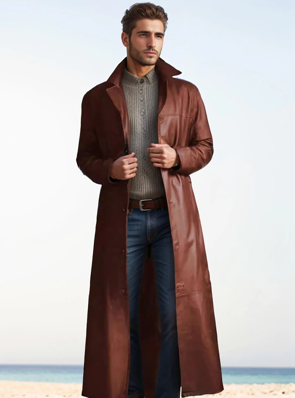 Autumn mens fashionable solid color leather jacket extended 241214