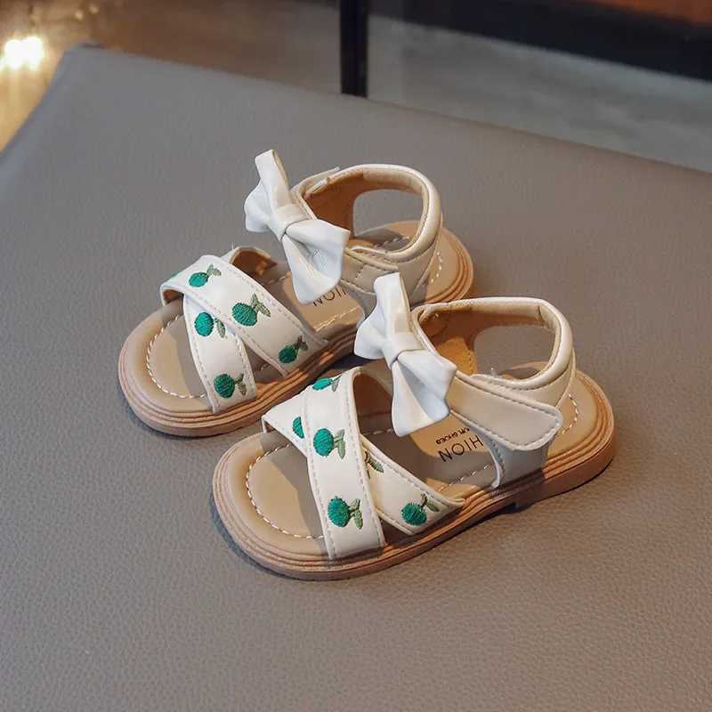 Sandals Summer Sandals for Girls Bow-knot Embroid Flower Children Sliders Green Pink 22-31 Classic All-match Soft Kids Flat Shoes H07051 H241213