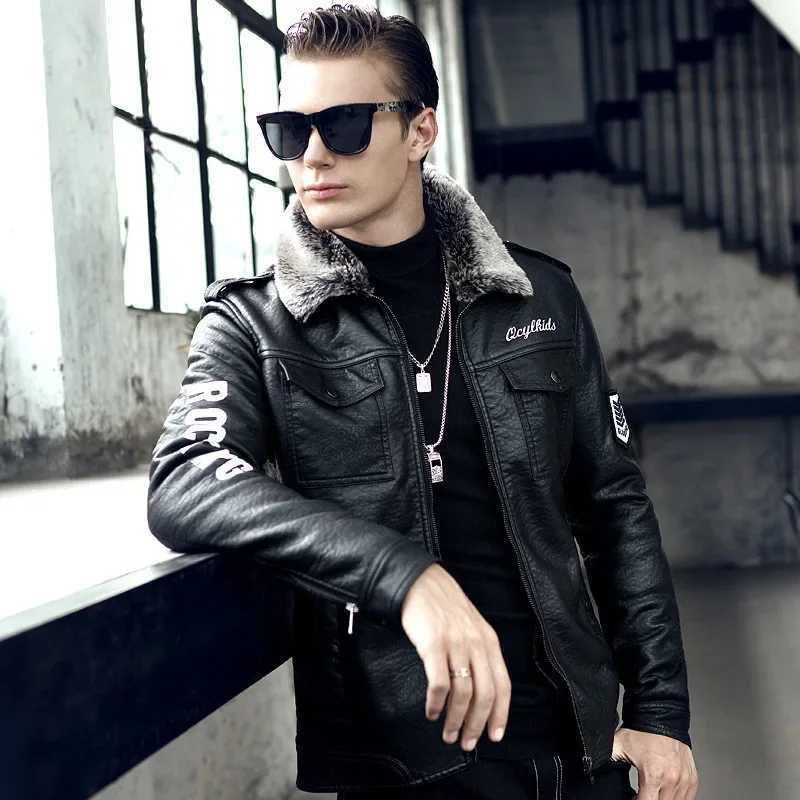 2023 New Leather Coat Mens Fur Integrated PU Leather Jacket Motorcycle Mens Winter Thickened Leather Coat W241213