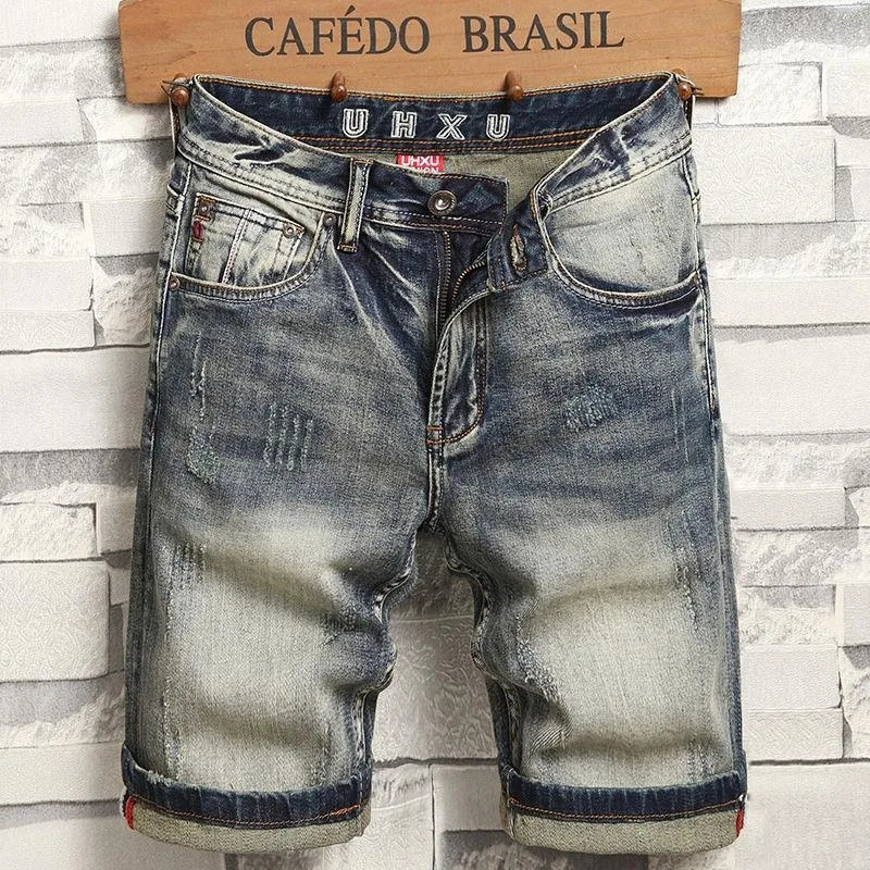 Korean clothing Harajuku mens casual denim knee length shorts 2024 summer retro American style jeans 241211