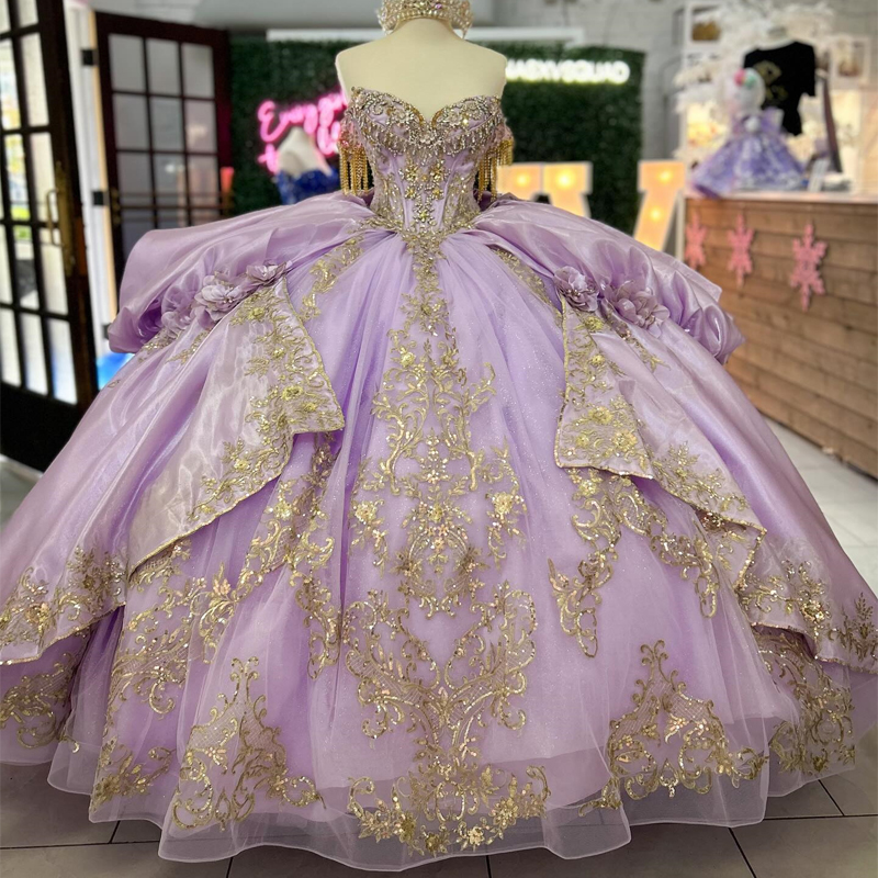Lavender Off The Shoulder Gold Applique Lace Beads Ball Gown Quinceanera Dresses Corset Vestidos De 15 Anos Sweet 16 Dress