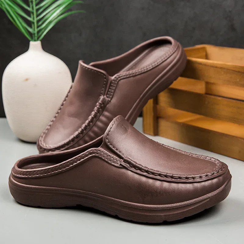 Mens Antiskid Driving Shoes Breathable Chef Casual Sandals Highquality Soft Soled Leather Outdoor Semi Slippers 241214