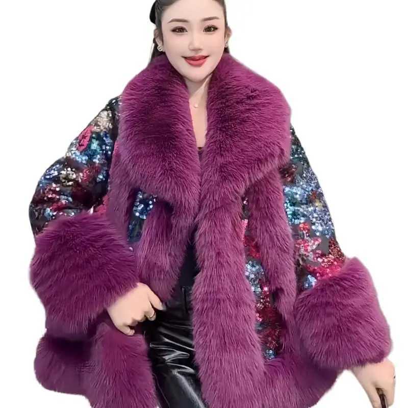 Womens faux fur coat fur collar jacket patchwork coat womens clothing luxury sequins new winter 2024 X241214