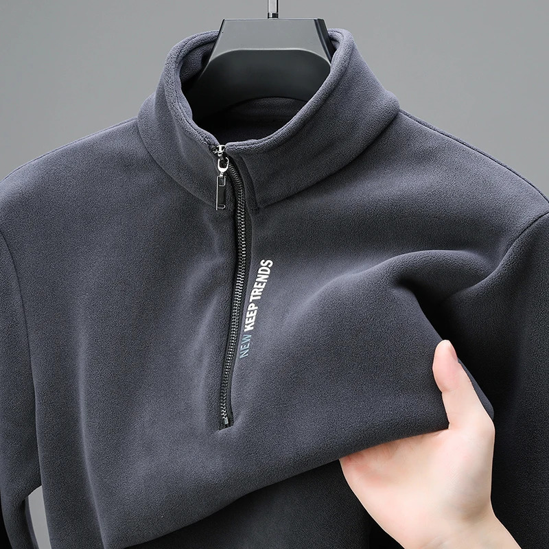 High end half zipper stand up collar sweatshirt men trend letter embroidery Korean sweater winter velvet warm pullover 241209