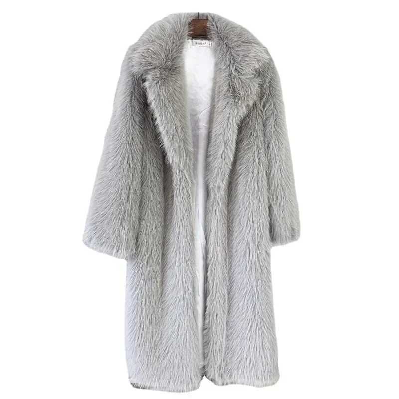 White long faux fur coat womens autumn and winter large jacket collar pocket thick jacket warm jacket W241213