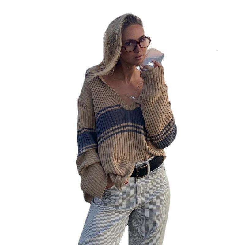 2024 European American autumn and winter new women's long sleeved striped contrasting fashion versatile knitted sweater top for women