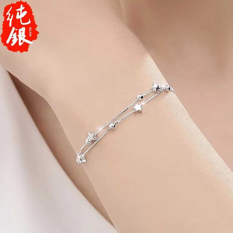 925 Sterling Silver Bead Chain Bracelets For Women Korean Sweet Double Layer Beautiful Stars Bracelets Original Jewelry GiftsXJ241214