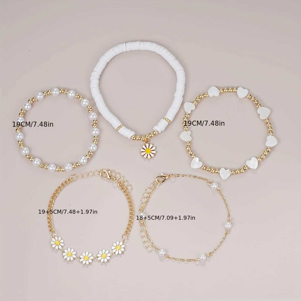5pcs Daisy Flower Pendant Beaded Chain Pure And White Faux Bracelet SetXJ241214