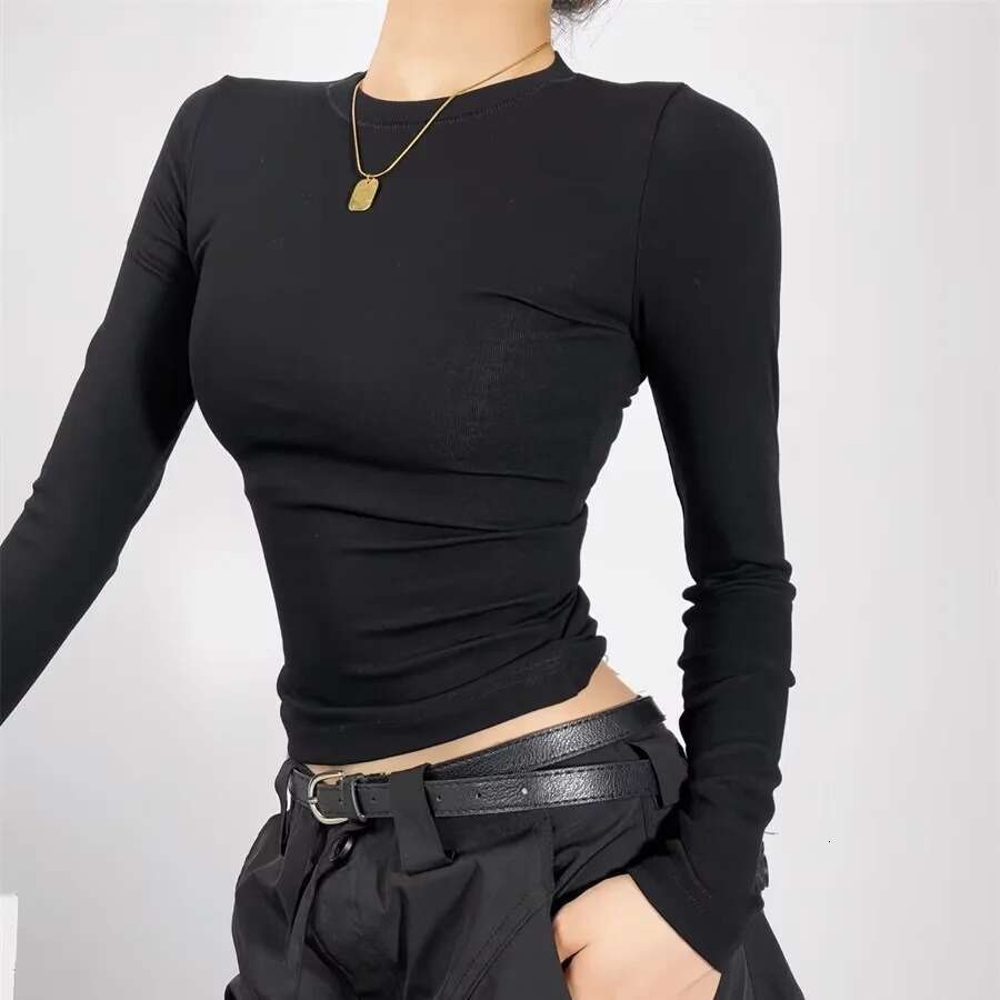 European American Kardashian's round neck elastic slim fit long sleeved T-shirt for women in autumn and winter, basic tight fitting base shirt, 2