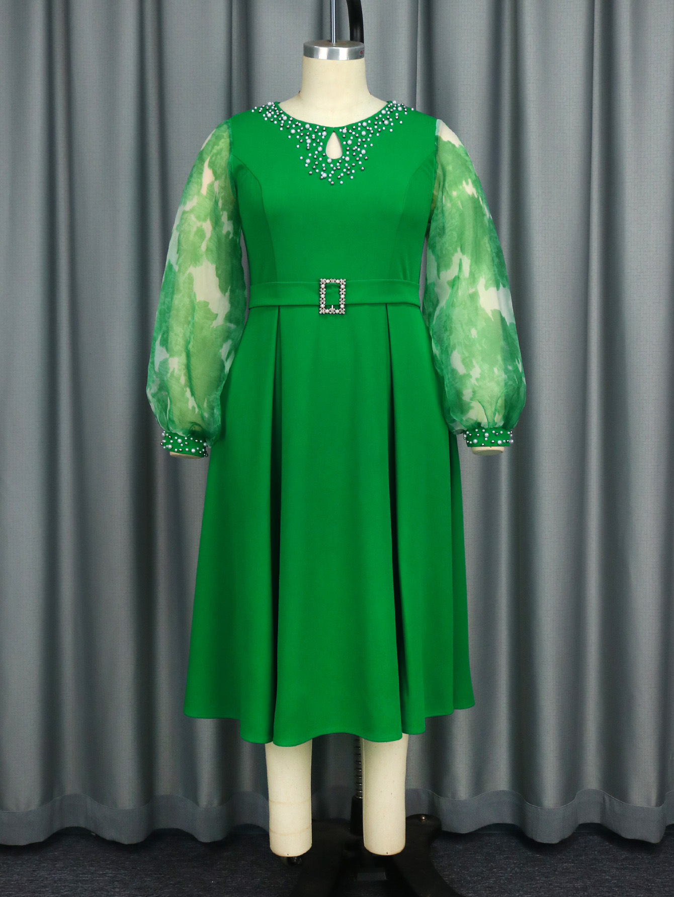 Bestselling Designer Lantern Long Sleeved Elegant Dress Party Nail Bead High Waist Plus Size Dress Dress