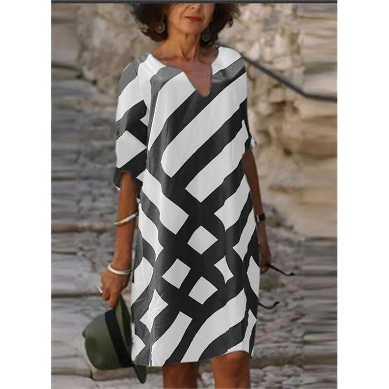 New hot selg fashion V-neck striped printed mid sleeve A-e bamboo en dress 2024 new style chic and elegant clothing
