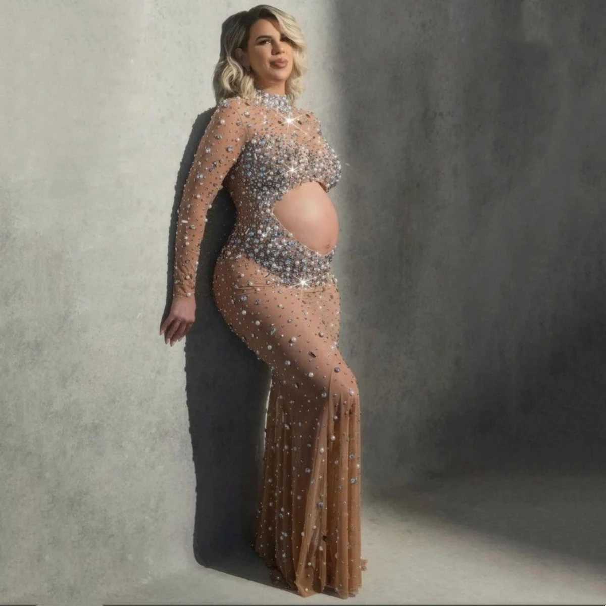 Hollow Out Belly Sparkling Rhinestone Materni Photography Dress Full Sleeve Stretchhy Tulle Dress For Pregnancy PhotoshootXJ241213