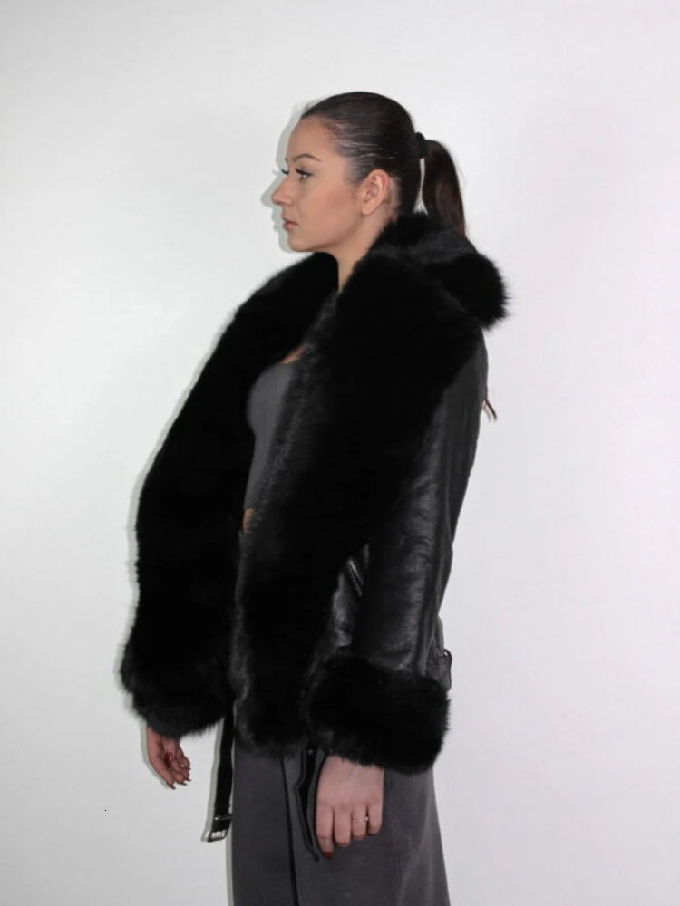 RR2830 Womens Retro Double sided Fur Lined Jacket Faux Fox Fur Collar Fluffy Warm Winter Coat Waist Leather Jacket 241210