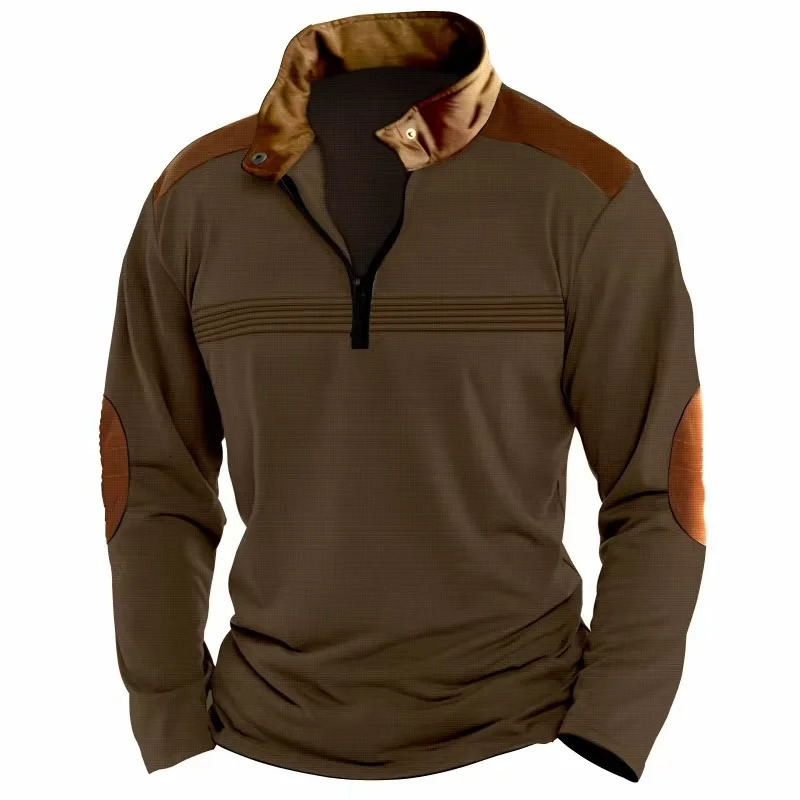 AutumnWinter Fashion Everyday Casual Solid Color Zipper Chest Pleated Stripe Patchwork Comfortable LongSleeved POLO Shirt 241213