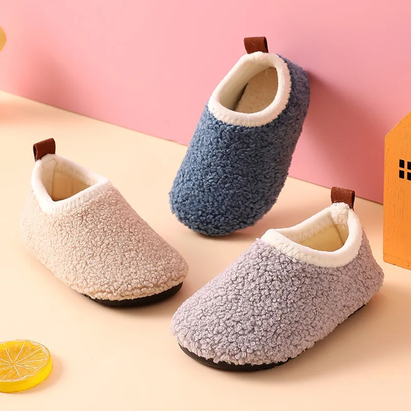 Children Cotton Slippers Solid Warm Kids Winter Home Shoes Boys Girls Plush Floor Shoes Indoor Soft Sole Anti-slip Cotton Shoes 241213