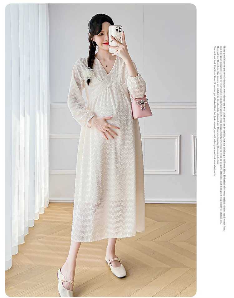 Materni Chiffon Dress Long Lantern Sleeve O-Neck High Waist Pregnancy Elegant Dress Solid Color Pregnant Woman Tassel DressesXJ241213
