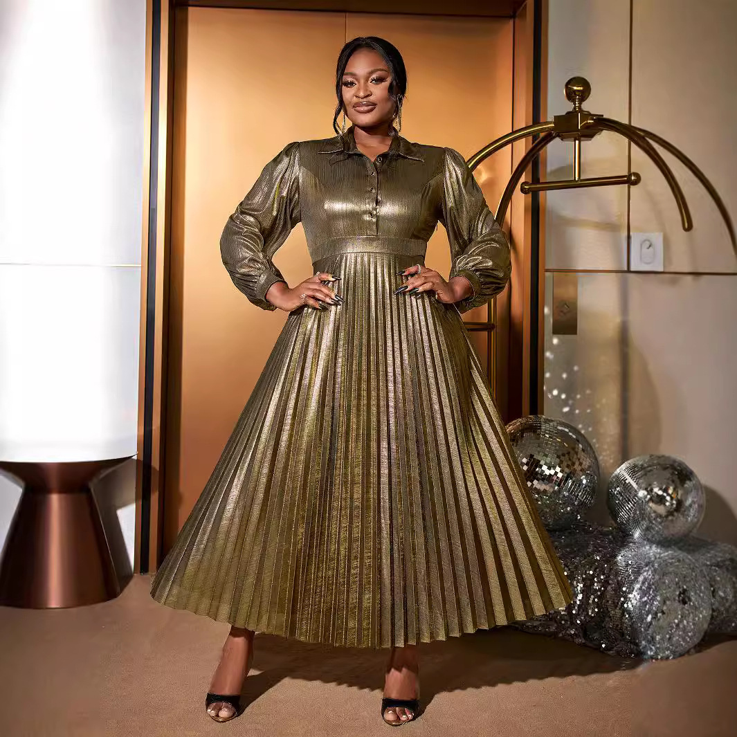 Designer's Light Luxury Gold Shirt Collar Long Sleeved Comfortable Pleated Skirt Party Date Birthday Party Outfit Plus Size Dress