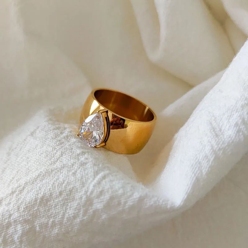 Waterdrop cz stone wide band rings stainless steel rings for women simple minimalist stainless steel jewelry waterproof 241214