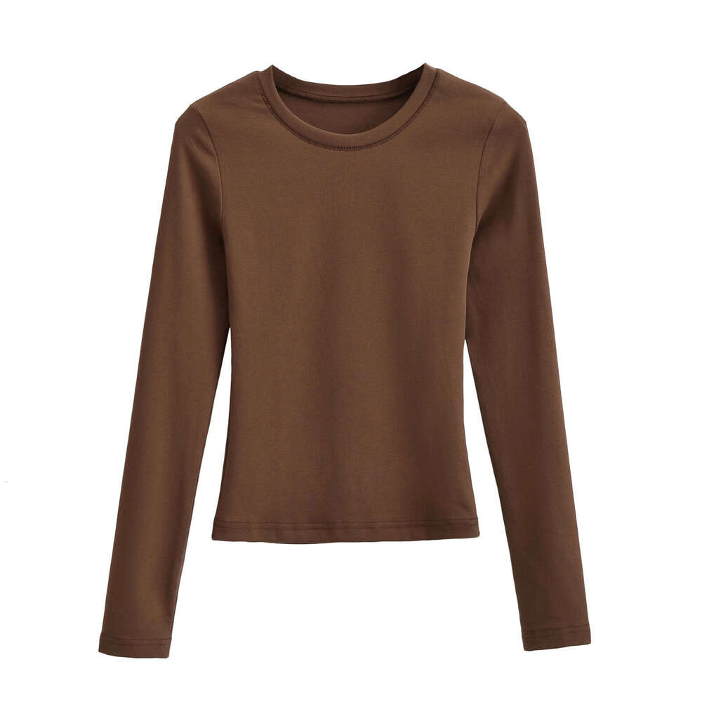 European American Kardashian's round neck elastic slim fit long sleeved T-shirt for women in autumn and winter, basic tight fitting base shirt, 2