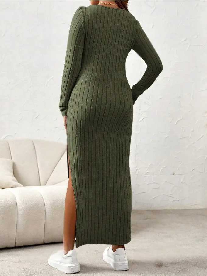 Autumn Winter Materni Womens Long Sleeve Dresses Premama Round Neck Sexy Slit Knitted Long Casual Dress New Pregnant ClothingXJ241213