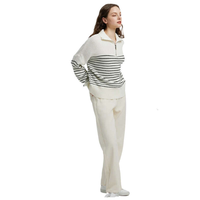 European American autumn and winter new women's clothing high neck striped color blocked long sleeved zipper pullover knitted sweater for women