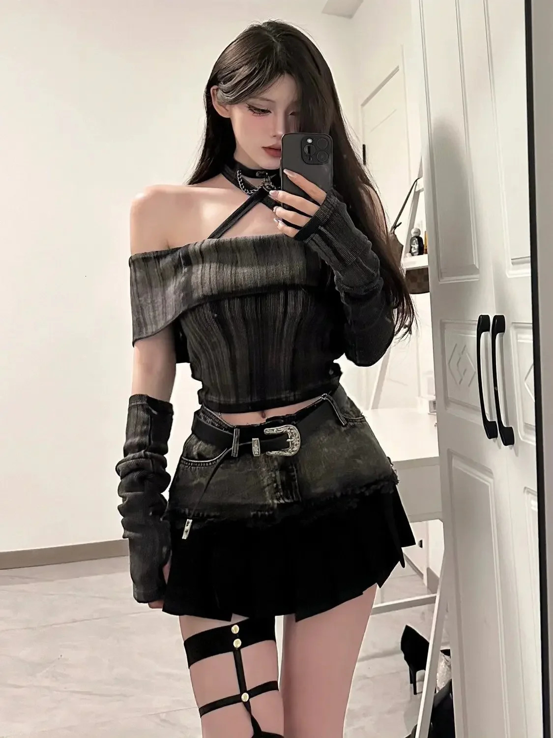 Dark Dopamine Clothing Sexy One Shoulder Short Sleeve Slim Retro Top Spliced Skirt Suit Girl Twopiece Women 241211