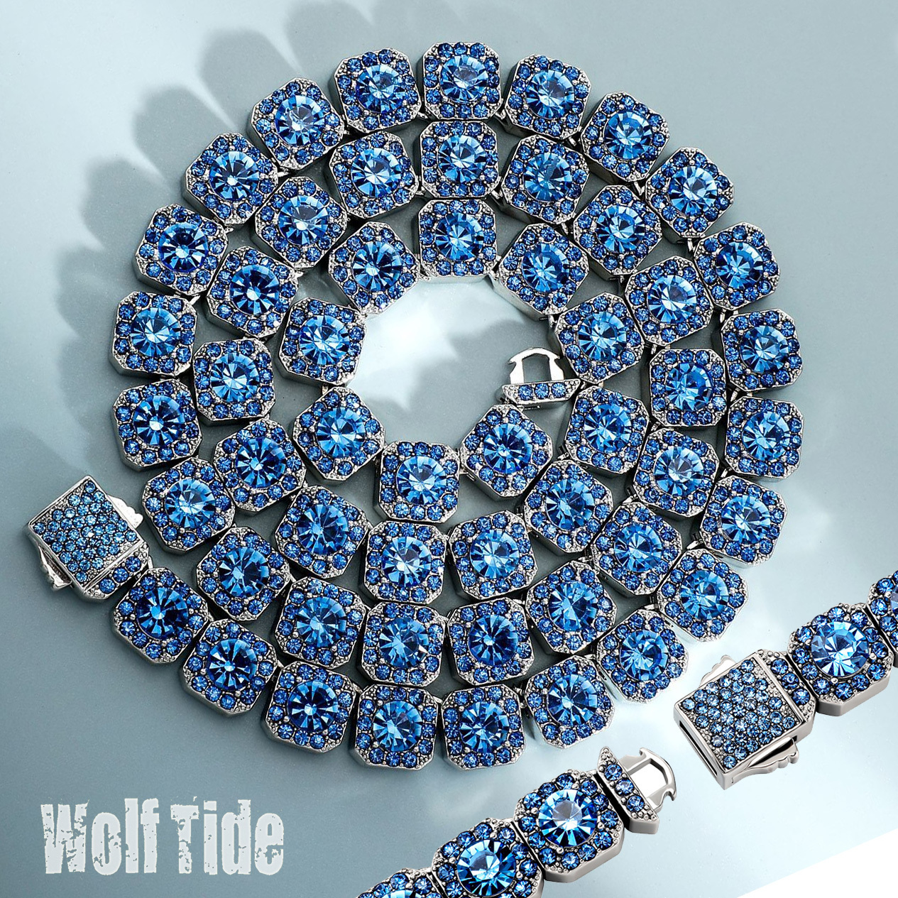 New In Hip Hop Full Clustered Blue Diamond Tennis Chain Necklace Bracelet Mens Womens Fashion Jewelry Accessories Miami Party Bijoux Pulsera Hombre Co
