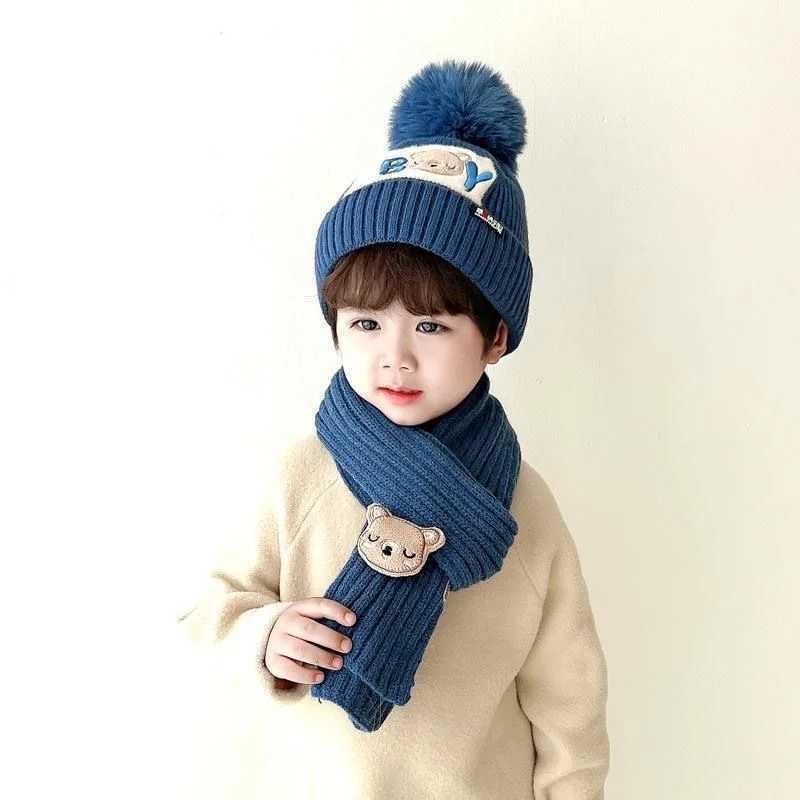2Pcs/Set Baby Hat Scarf Cute Pompom Winter Woolen Knitted Warm Beanie Kids Boys Girls Bear Crochet Cap Scarves W241213