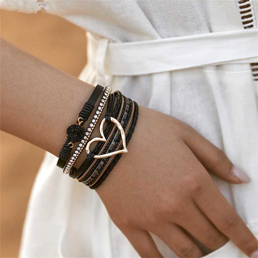 New Metal Heart Charm Leather Bracelets for Women Fashion Bohemian Rhinestone Resin Wr Bracelet Bangle Couple JewelryXJ241214