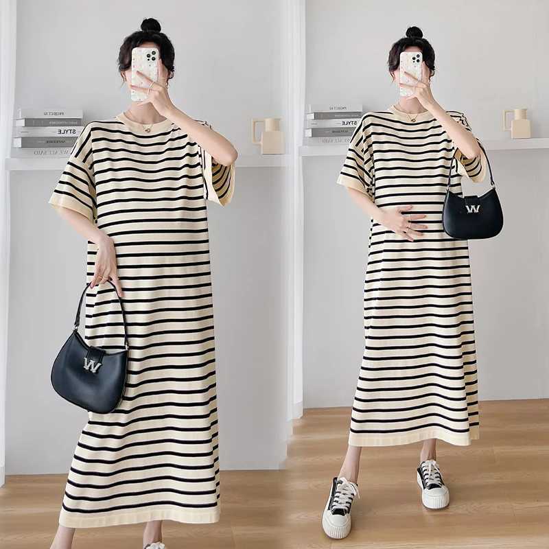 1021# 2024 Summer Striped Knitted Materni Long Dress Casual Loose Straight Clothes for Pregnant Women Pregnancy Ice CoolXJ241213