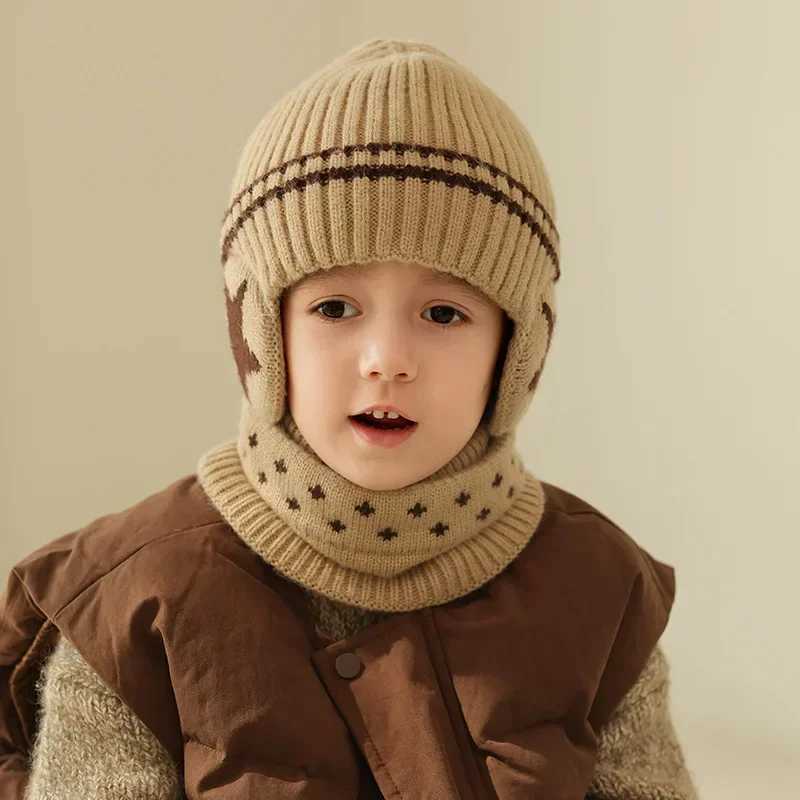 New Children Unisex Add Fur Lined Winter Knitted Hat with Earflap Fashion Beanie Hats for Kids Outdoor Classic Keep Warm Cap W241213