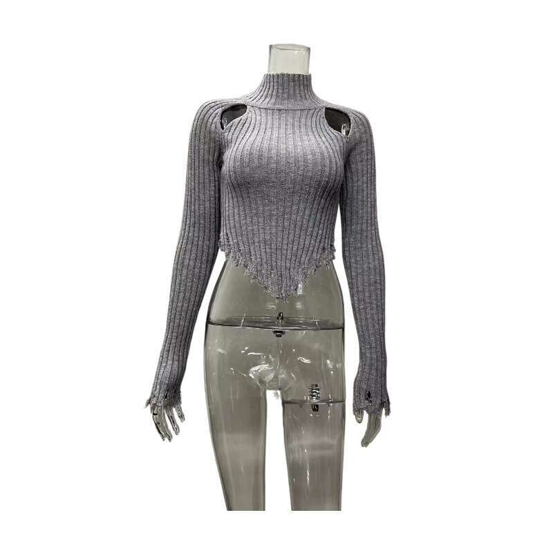 European and American women's high necked long sleeved distressed sexy hollow out short style with exposed navel design knitted sweater