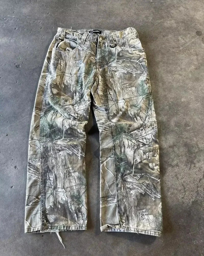 Y2K Gothic Fashion Rock Hip Hop Camouflage Baggy Jeans Men Harajuku Vintage Casual Joker High Waist Wide Leg Pants 241213