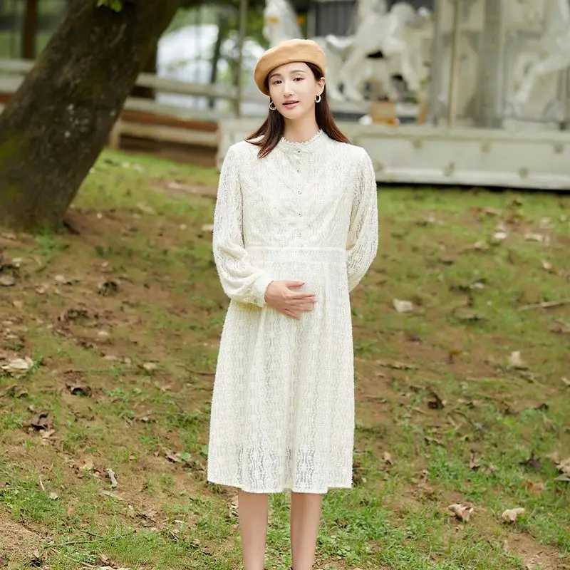 2025 Spring Materni Lace Dress Long Lantern Sleeve Ruffles Collar Pregnant Woman Basic Dresses Pregnancy Par Dress SweetXJ241213