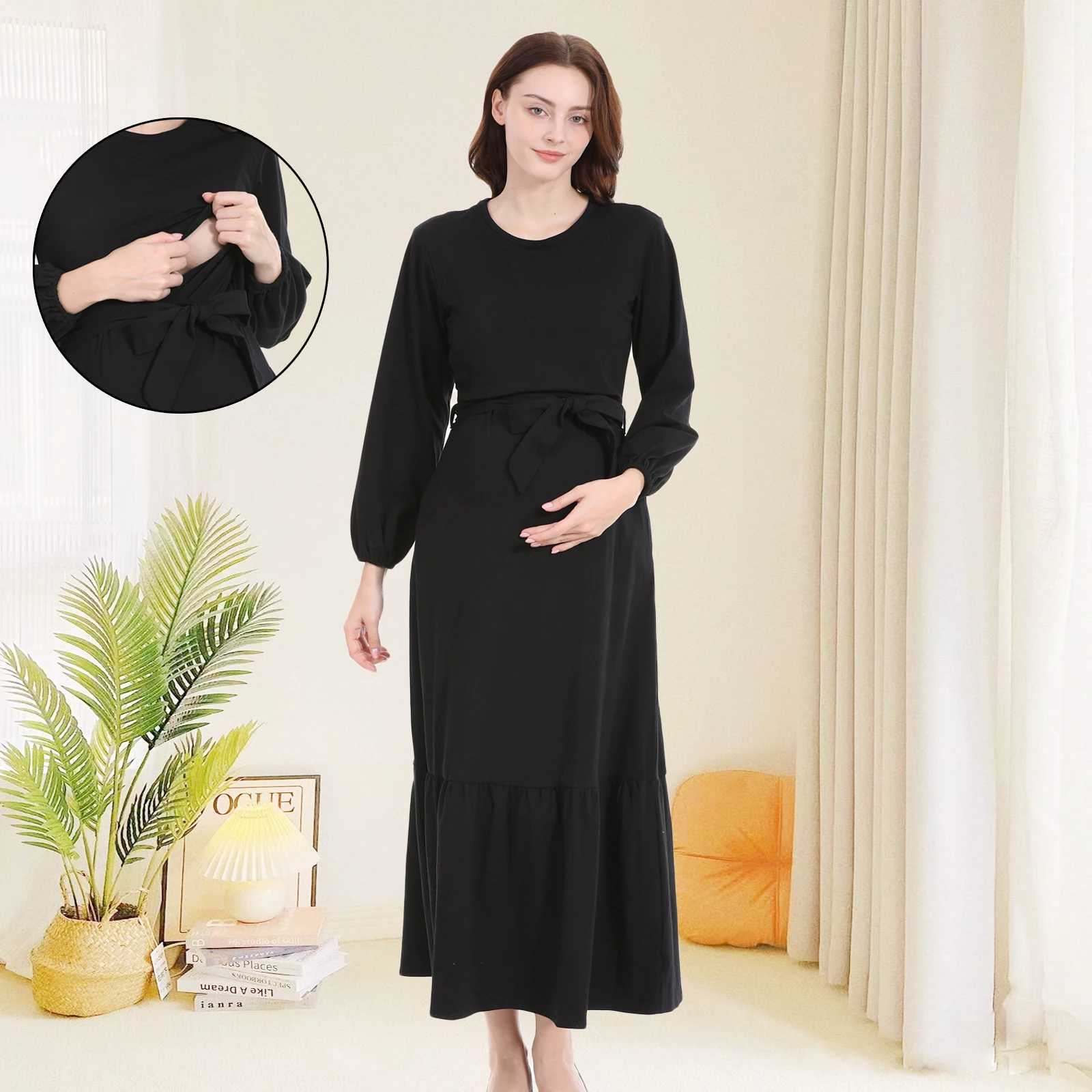 Solid Materni Dress Breastfeeding Dresses Nursing Clothes Casual Spring Autumn Pleated Long Dress For Pregnant Women Plus SizeXJ241213