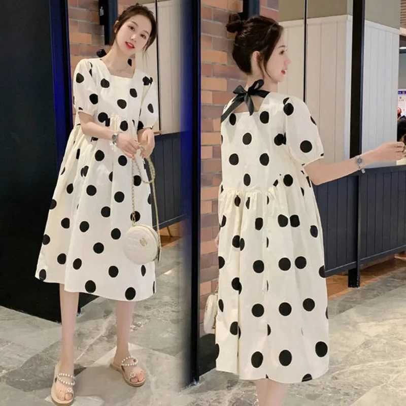 Materni Fashion Summer Dress Outdoors High-end Fresh Dot Skirt Loose-fit Medium-length Summer DressXJ241213