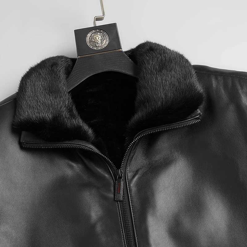 Real mink mens winter warm black high-quality medium to long leather jacket fashionable fur coat W241213