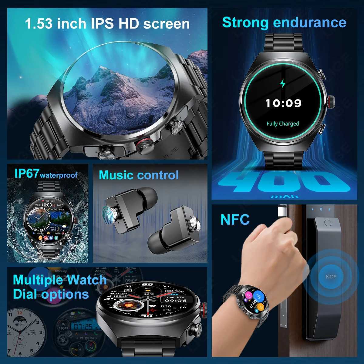 High Quality LIGE Headset Smart Watch TWS 2 In 1 Wireless BT Headset Call NFC Health Monitoring Sports Music Smartwatch Waterproof O241213