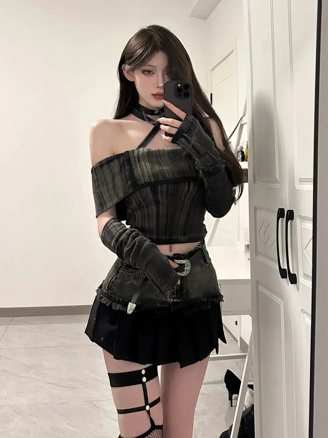 Dark Dopamine Clothing Sexy One Shoulder Short Sleeve Slim Retro Top Spliced Skirt Suit Girl Twopiece Women 241211