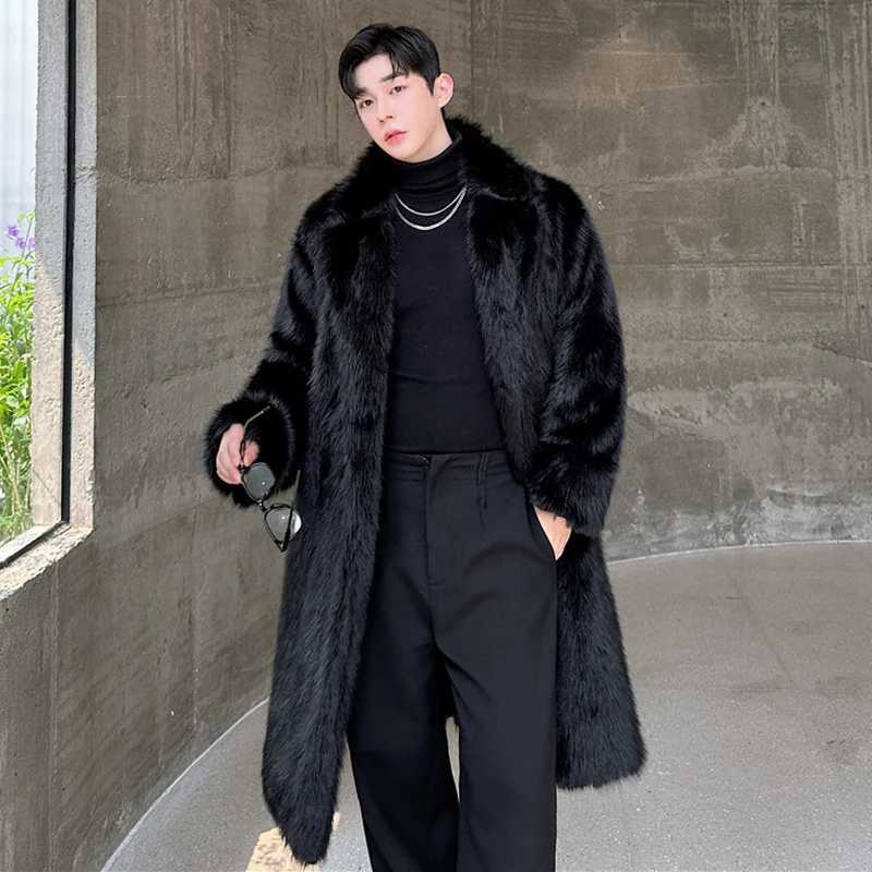 PFHQ Mens Faux Fur Overcoats Korean Style Turn-down Collar Solid Color Breasted Casual Male Thick Loose Male Windbreaker 9C8840 W241213