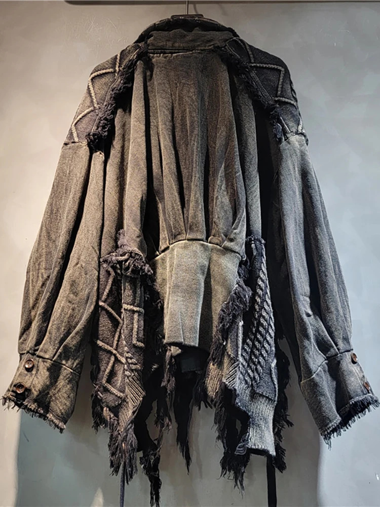 DEAT Womens Denim Coat Patch Work Knitted Wash Black Gery Irregular Old Loose Jacket 2025 Spring Fashion 29L8172 241211