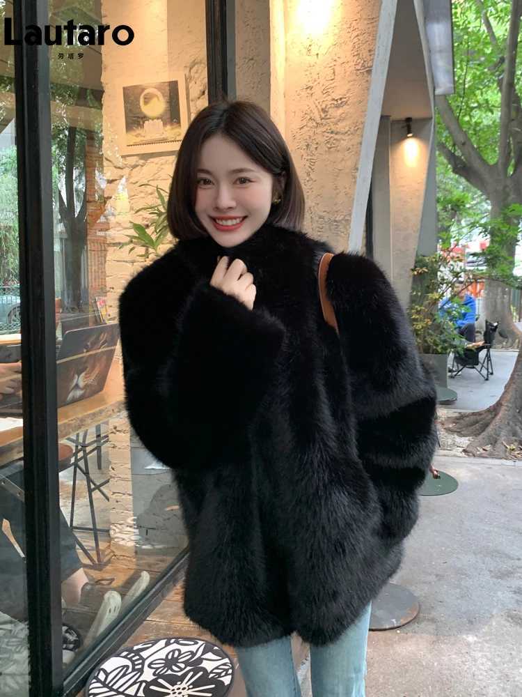 Lautaro Autumn Winter Black Soft Thick Hair Fury Artificial Fur Coat Womens Stand Collar Luxury Loose Fluffy Jacket X241214